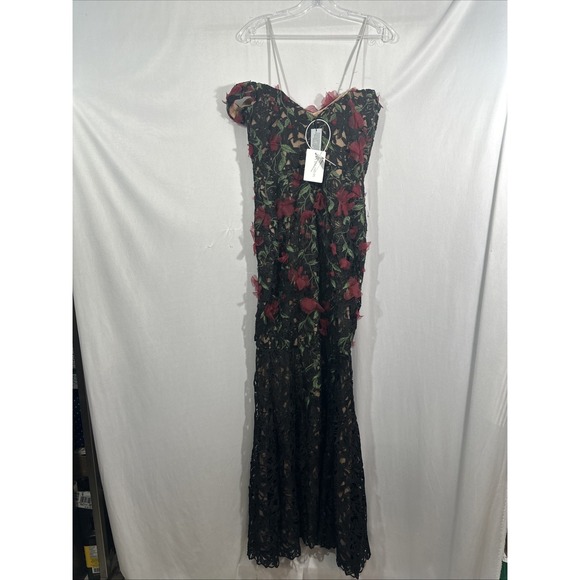 NEW $1095 Marchesa Notte [ 6 ] Guipure Lace Off Shoulder Gown Red Black #J2150 - Picture 13 of 16